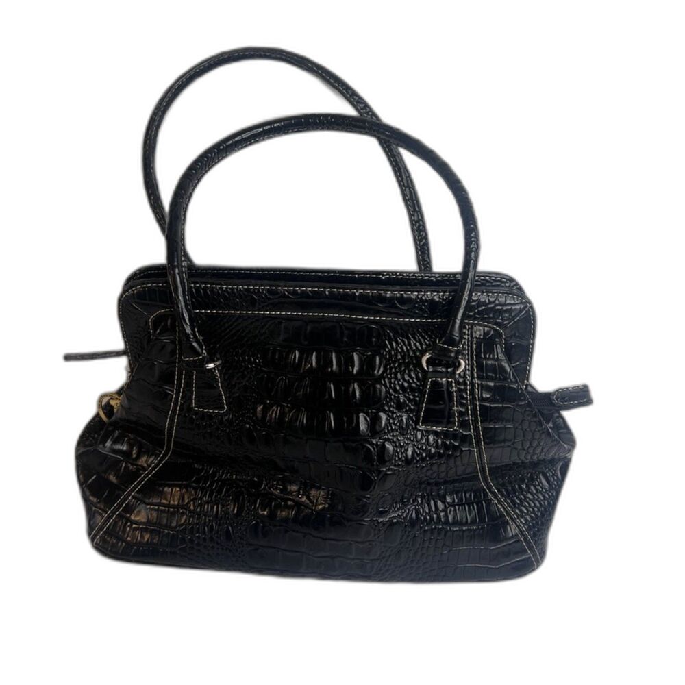 Crazy Horse Faux Leather Faux Croc Black Hobo Shoulder Bag Purse Neutral Chic‎